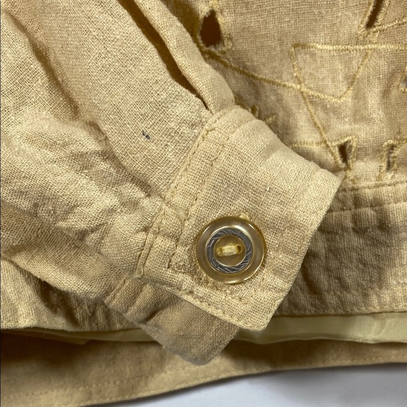 220 Hickory 100% Silk Tan Jacket Cropped with Geometric Embroidery and Cutouts - Picture 4 of 5